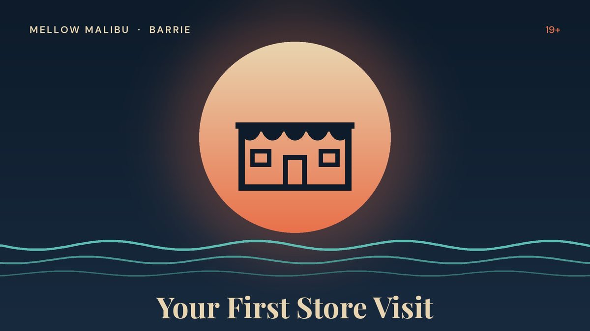 Illustration of a storefront with an awning for the Mellow Malibu first store visit guide