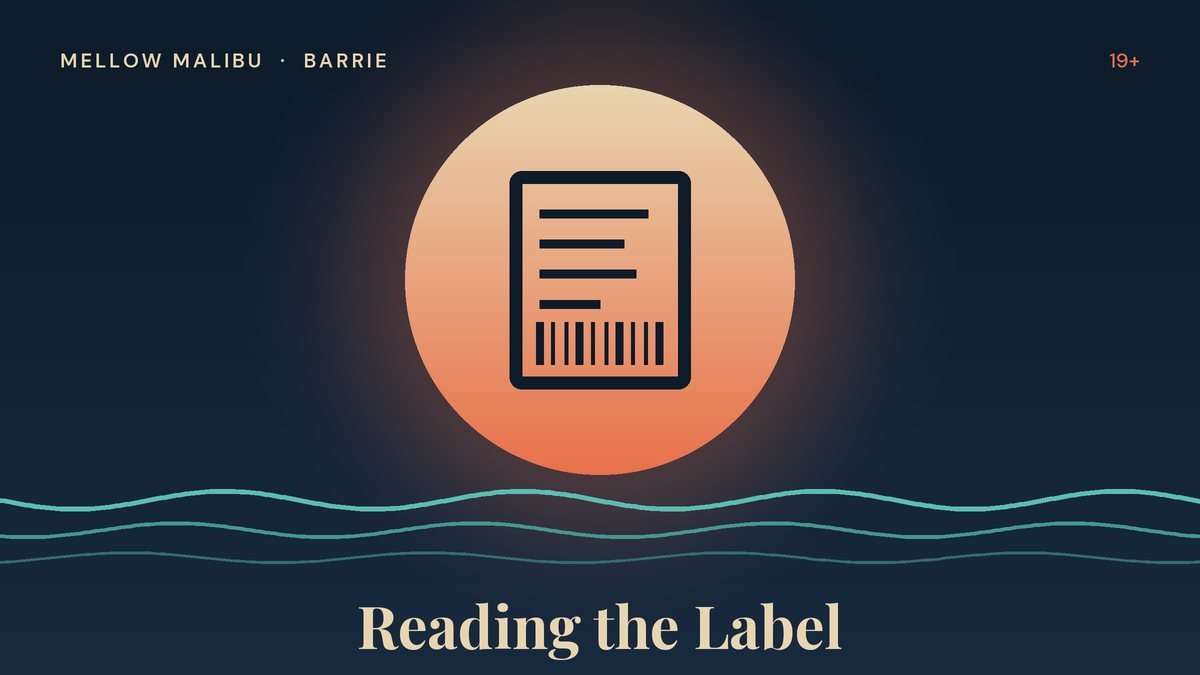 Illustration of a cannabis product label with a barcode for the Mellow Malibu label reading guide